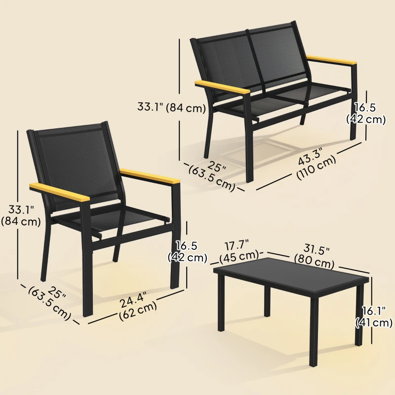 Outsunny Outdoor 4 Piece Set Patio Furniture with Sofa, Tempered Glass Tabletop for Garden Backyard Porch, Black