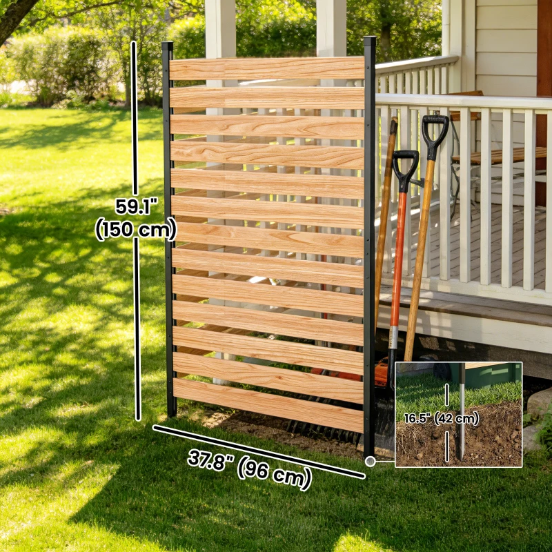 Outsunny Privacy Screen Panel, 38" x 76" No Dig Space Divider with Fir Wood Planks and Aluminum Posts, Great to Hide Trash Cans