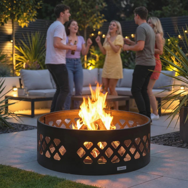 Outsunny 36" Outdoor Fire Pit, Portable Bottomless Fire Ring with Poker, Wood Burning Firepits, Black