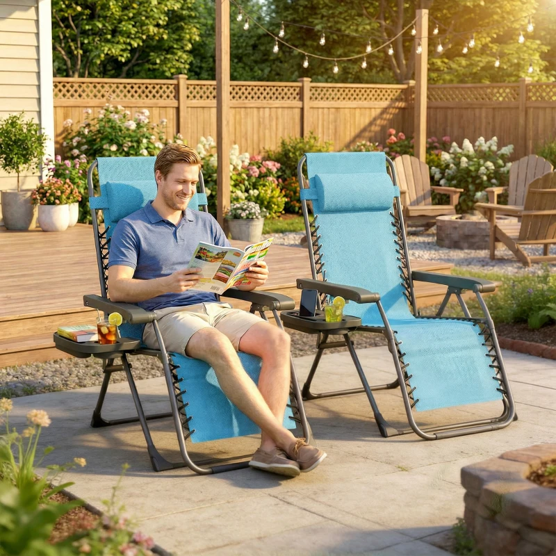 Outsunny Zero Gravity Chair Set of 2, Folding Reclining Outdoor Lounge Chair with Cup Holder, Headrest, Sky Blue