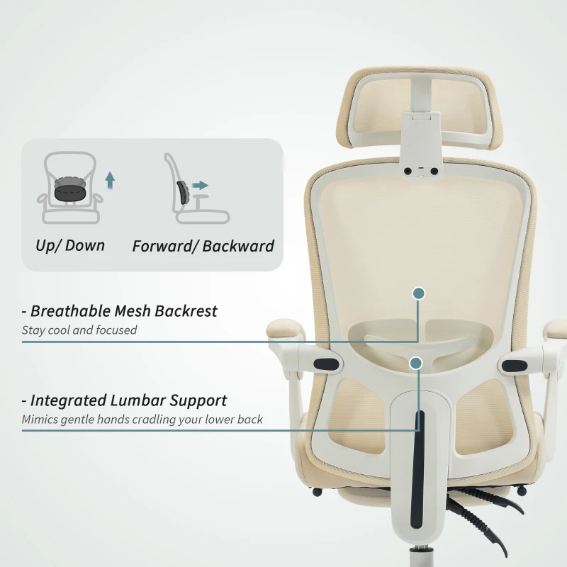 HOMCOM Ergonomic Office Chair, Mesh Reclining Desk Chair with Adjustable Lumbar Support, Headrest, Beige
