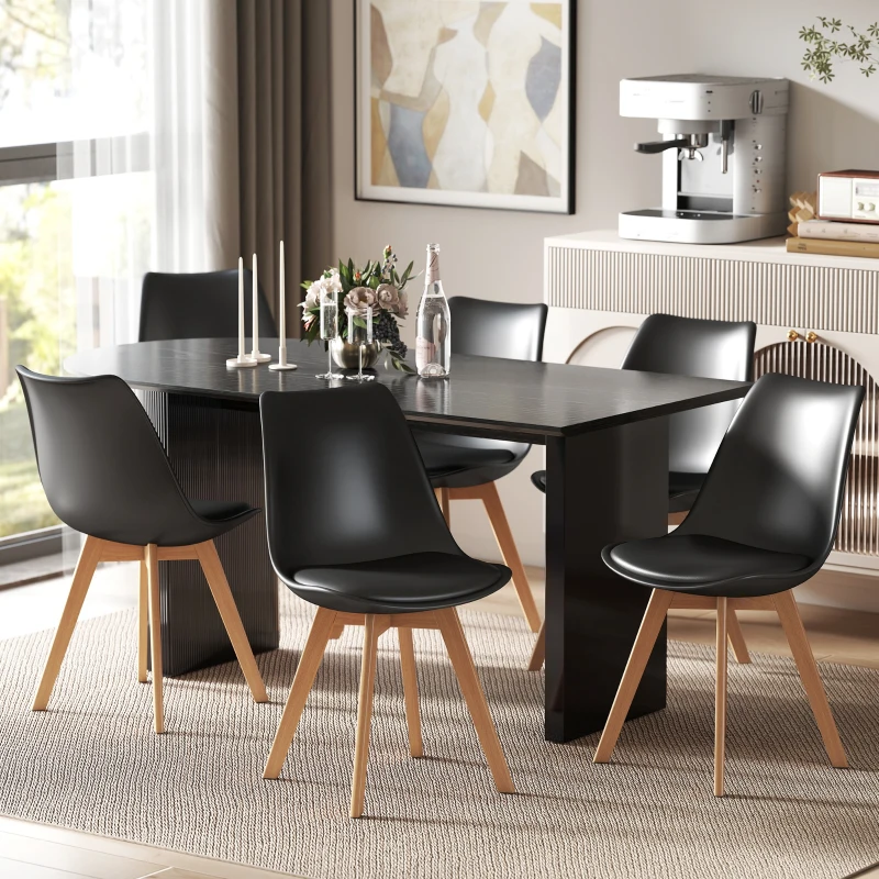 HOMCOM Modern Dining Table Chairs Set of 6, Rubber Wood Kitchen Table Chairs with PU Leather Cushion for Living Room, Bedroom