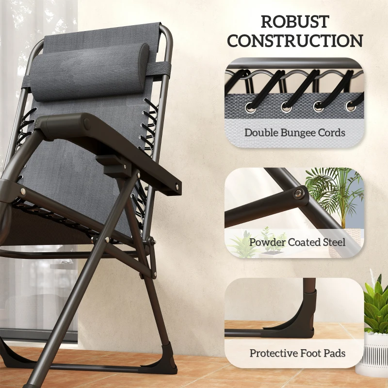 Outsunny Zero Gravity Chair Set of 2, Folding Reclining Outdoor Lounge Chair with Cup Holder, Headrest, Dark Grey