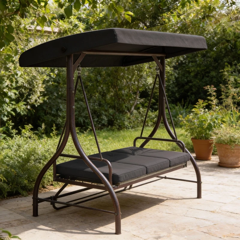 Outsunny Convertible Patio Swing Bed with Canopy and Cushions, 3 Seater Porch Swing for Outdoor, Backyard, Garden, Black