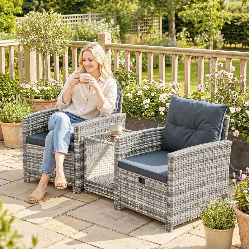 Outsunny 5 Piece Patio Furniture Set, Wicker Patio Chairs with Ottomans, 2-Tier Glass Coffee Table and Cushions, Grey/Dark Grey