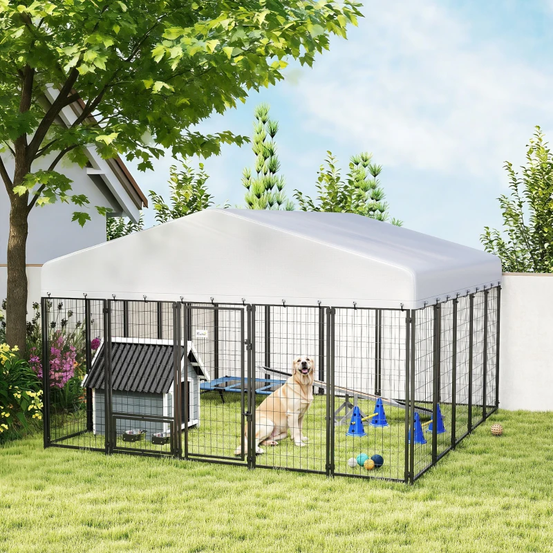 PawHut 9.8' x 9.8' x 6' Outdoor Dog Kennel, Dog Kennel Outside Run with 360° Rotating Bowls, Waterproof & UV Resistant Cover