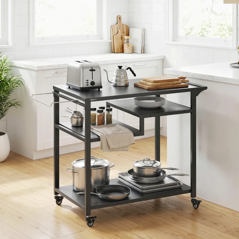 Outsunny Outdoor Grill Cart, BBQ Stand, Three-Shelf Pizza Oven Stand with Hooks, Garbage Bag Holder, Wheels, Black