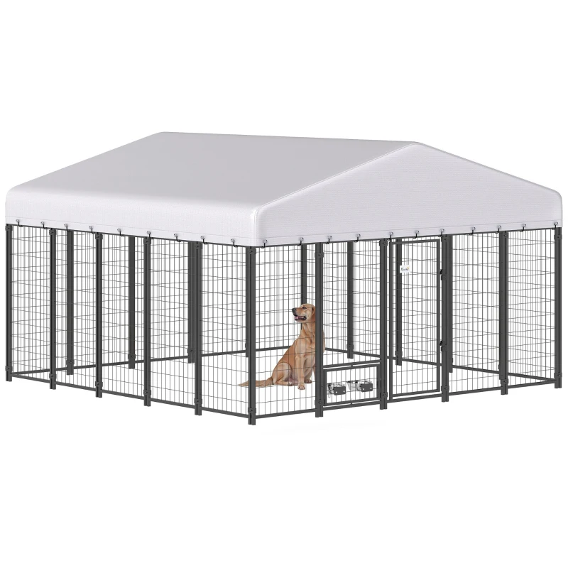 PawHut 9.8' x 9.8' x 6' Outdoor Dog Kennel, Dog Kennel Outside Run with 360° Rotating Bowls, Waterproof & UV Resistant Cover