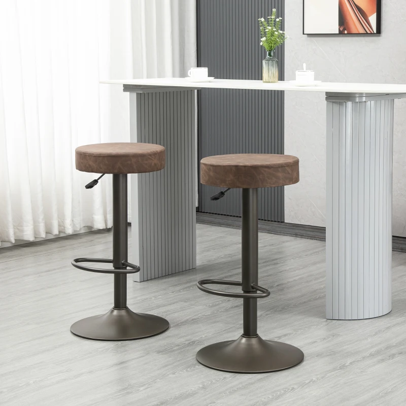 HOMCOM Modern Adjustable Bar Stools Set of 2, Swivel Barstool with Footrest, PU Leather Round Top for Kitchen, Brown