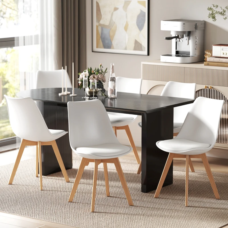 HOMCOM Modern Dining Table Chairs Set of 6, Rubber Wood Kitchen Table Chairs with PU Leather Cushion for Living Room, Bedroom