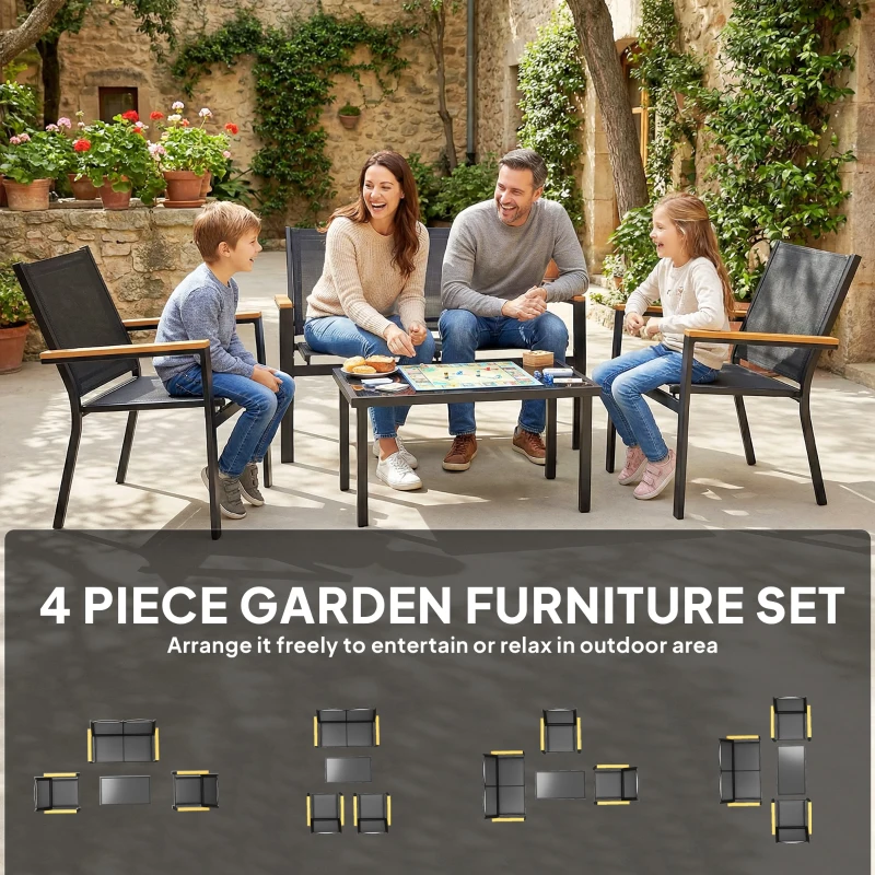 Outsunny Outdoor 4 Piece Set Patio Furniture with Sofa, Tempered Glass Tabletop for Garden Backyard Porch, Black