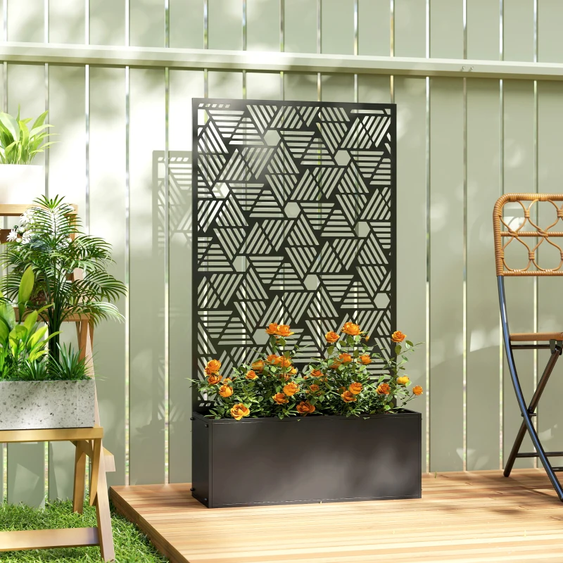 Outsunny Metal Planter Box with Trellis, 44.5" Tall Raised Garden Bed with Privacy Screen, Hexagon and Line Cut-Out