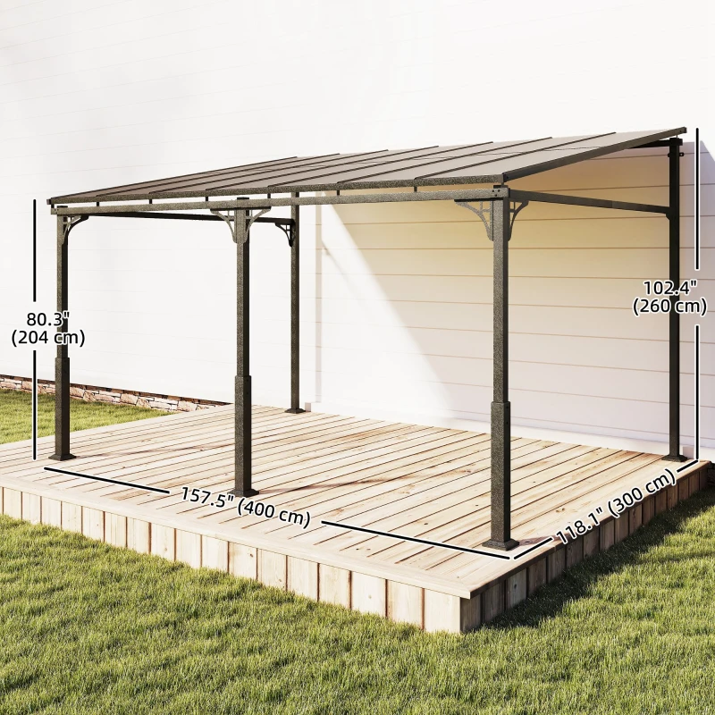 Outsunny 13' x 10' Lean to Gazebo, Hardtop Wall Mounted Outdoor Pergola with Polycarbonate Roof and Metal-Aluminium Frame