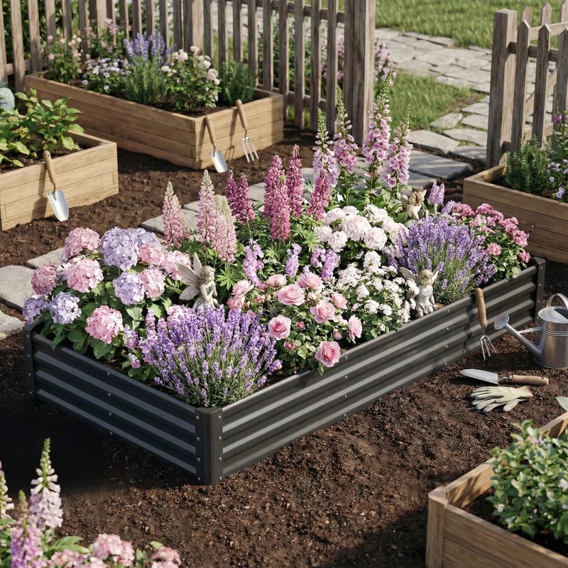 Outsunny 8 x 4 x 1ft Galvanized Raised Garden Bed, Reinforced Outdoor Planter Box with Open Bottom, Dark Grey