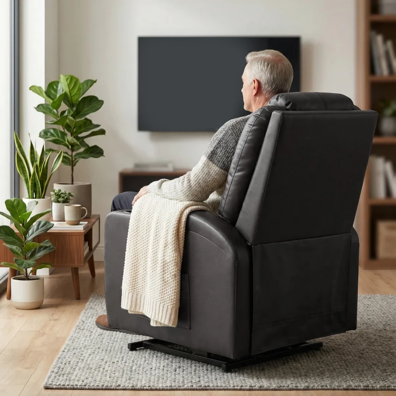 HOMCOM Power Lift Recliner Chair for Elderly, PU Leather Lift Chair with Thick and High Back, Footrest, Remote, Side Pockets, Cup Holders, Reclining Sofa for Living Room, Black