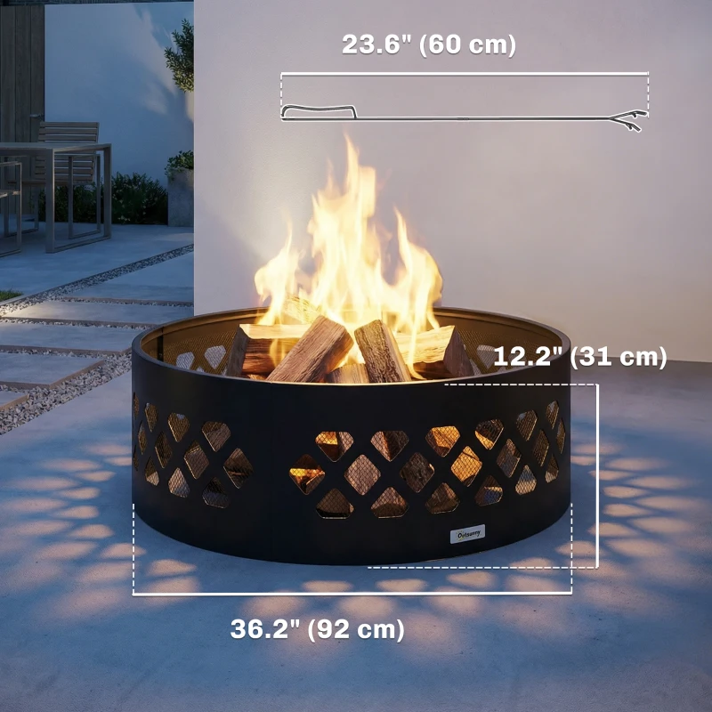 Outsunny 36" Outdoor Fire Pit, Portable Bottomless Fire Ring with Poker, Wood Burning Firepits, Black