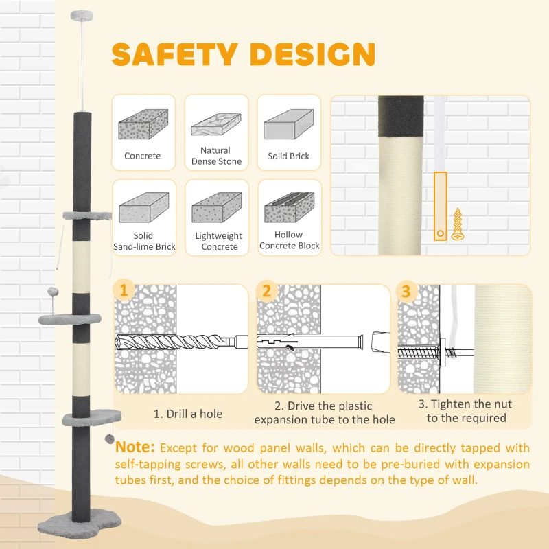 PawHut 88.5"-100.5" Floor to Ceiling Cat Tree, Cat Tower with Scratching Posts, Cloud Shaped Platforms, Dangling Balls, Grey