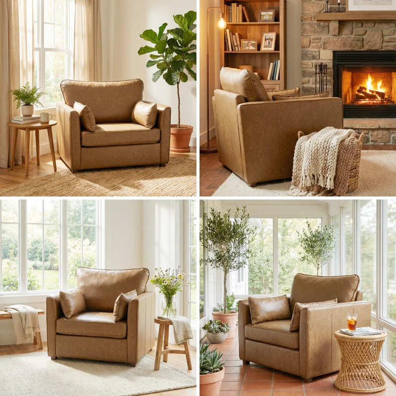 HOMCOM Accent Chair, PU Leather Armchair with Wide Seat, Spring Cushion, Rubberwood legs, 2 Pillows, Brown