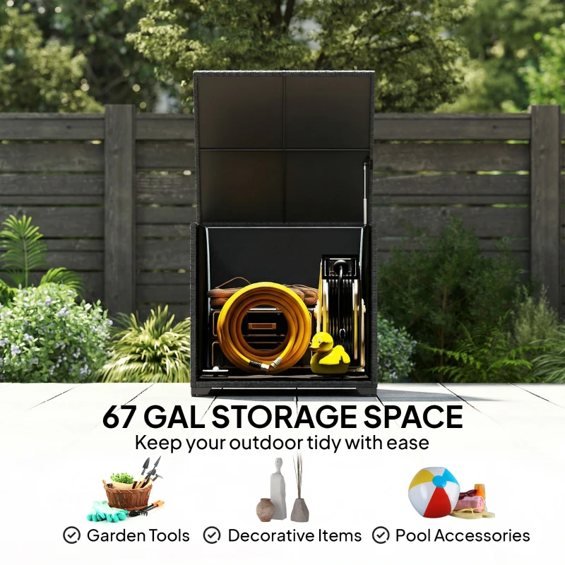 Outsunny 67 Gallon Rattan Deck Box, Wicker Outdoor Storage Box with Waterproof Zippered Liner, Safe Pneumatic Rod, Grey