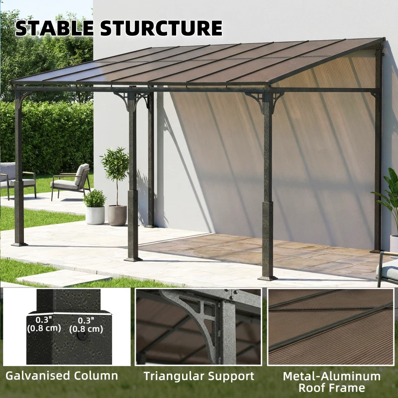 Outsunny 13' x 10' Lean to Gazebo, Hardtop Wall Mounted Outdoor Pergola with Polycarbonate Roof and Metal-Aluminium Frame