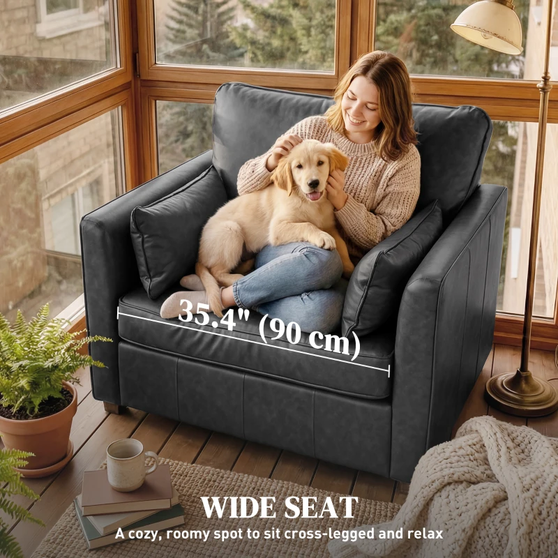 HOMCOM Accent Chair, PU Leather Armchair with Wide Seat, Spring Cushion, Rubberwood legs, 2 Pillows, Black