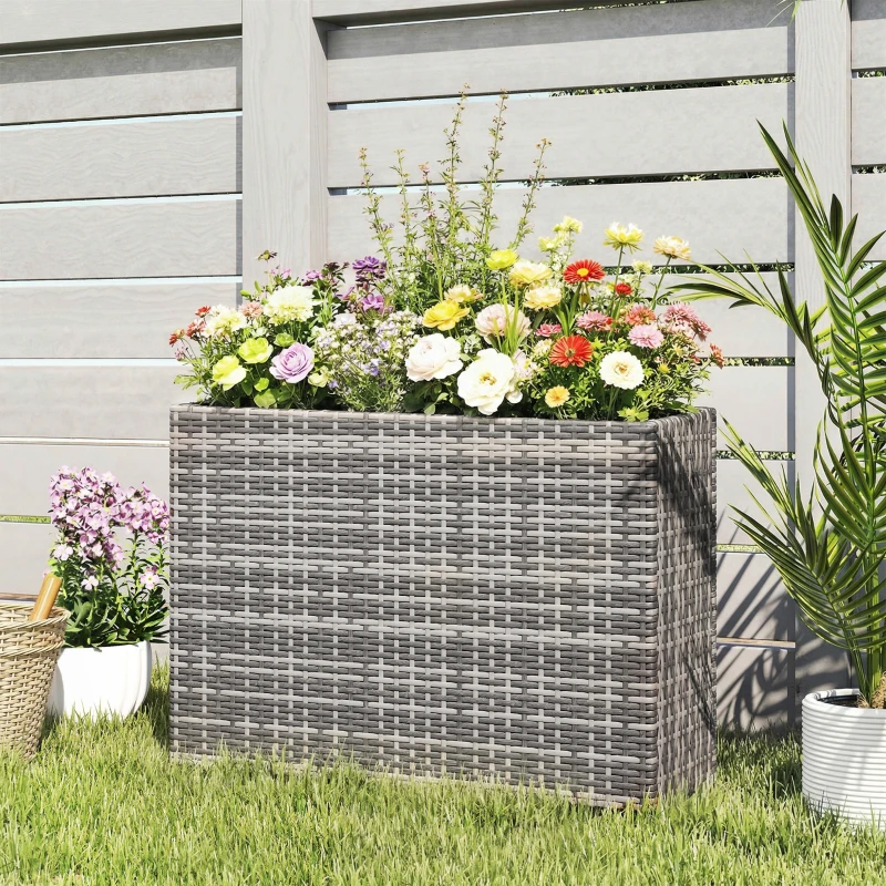 Outsunny Tall Rectangular Planter with Removable Liner, Holes, PE Wicker Large Planter Box for Indoor Outdoor Plants, Gray