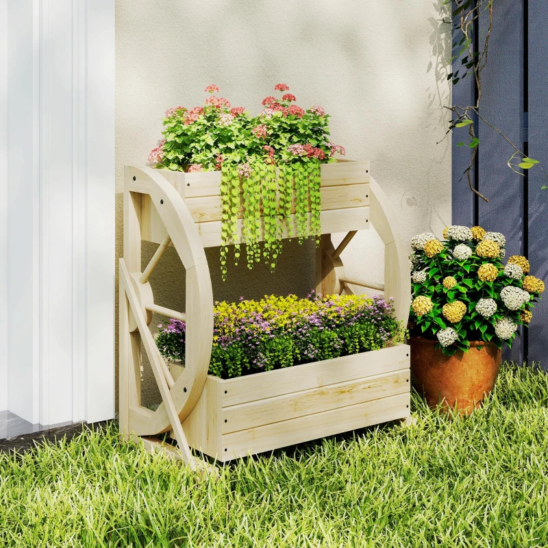 Outsunny Wooden Wagon Planter Box, 2-Tier Raised Garden Bed, for Vegetables Flowers Herbs, Natural