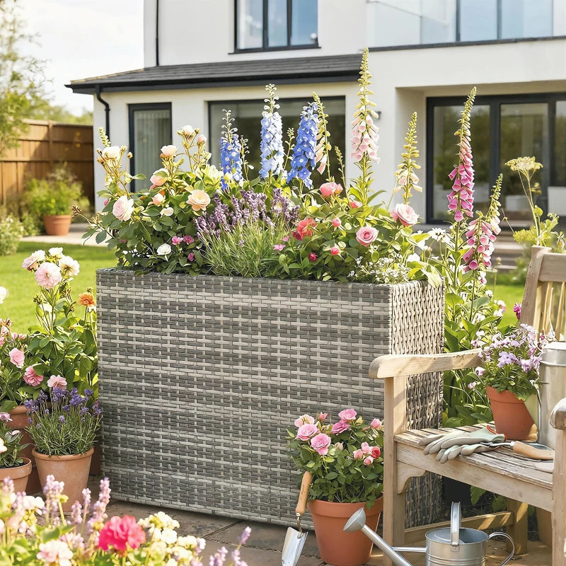 Outsunny Tall Rectangular Planter with Removable Liner, Holes, PE Wicker Large Planter Box for Indoor Outdoor Plants, Gray