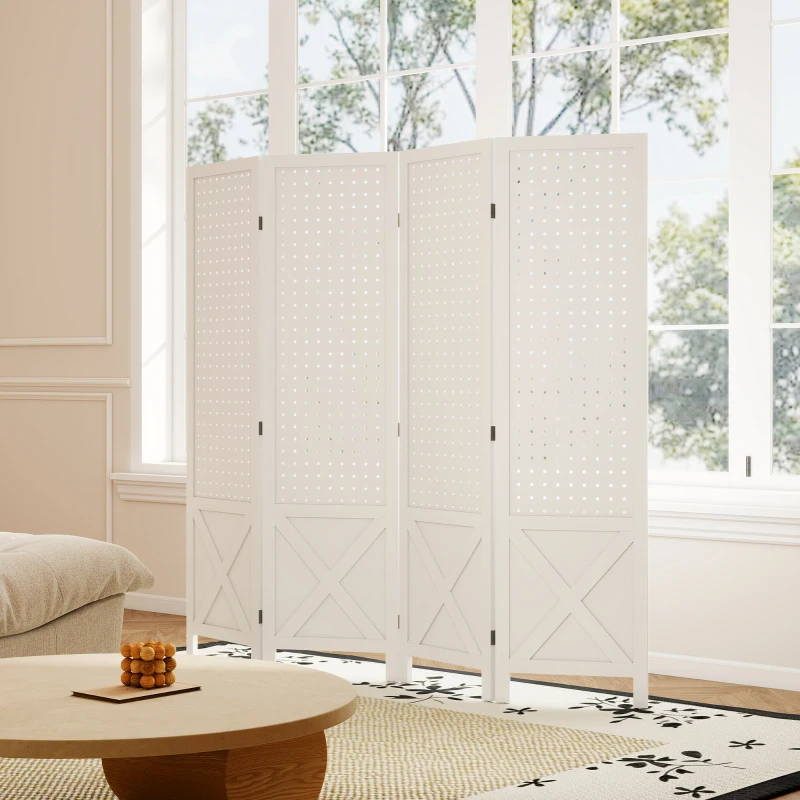 HOMCOM 56.9" 4 Panel Wooden Room Divider with Pegboard Display, Folding Privacy Screen for Home Office, White