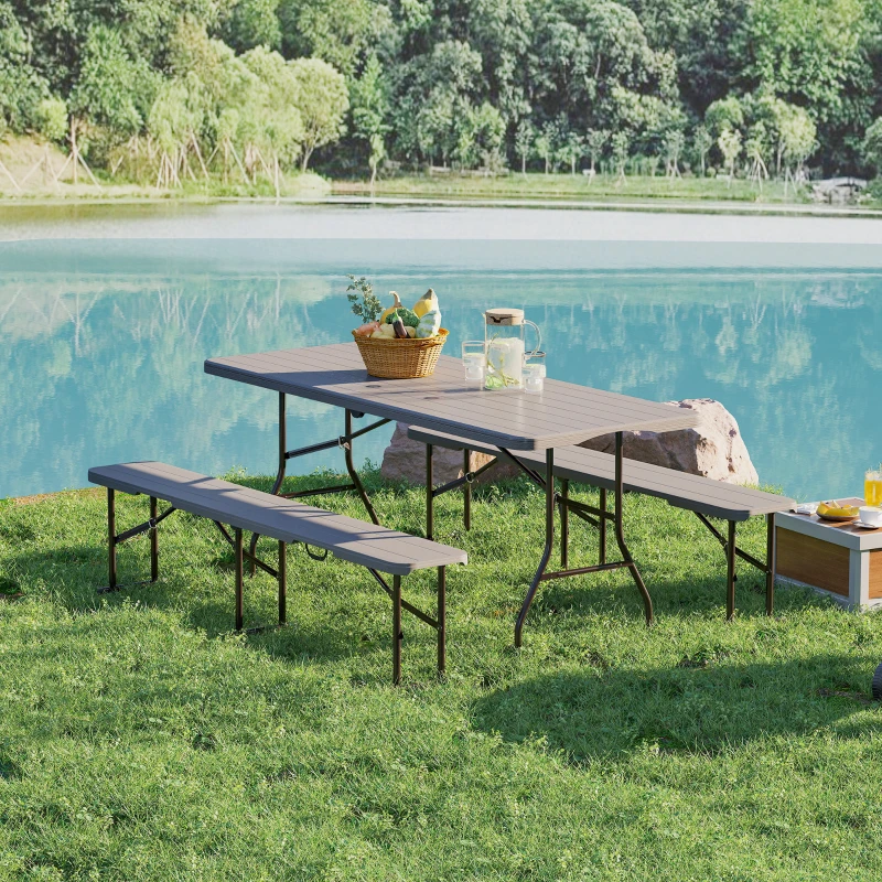 Outsunny 6FT 3PCS Faux Rattan Outdoor Camping Table Bench Set with Carrying Handles, Folding Picnic Table with 2 Benches, Brown