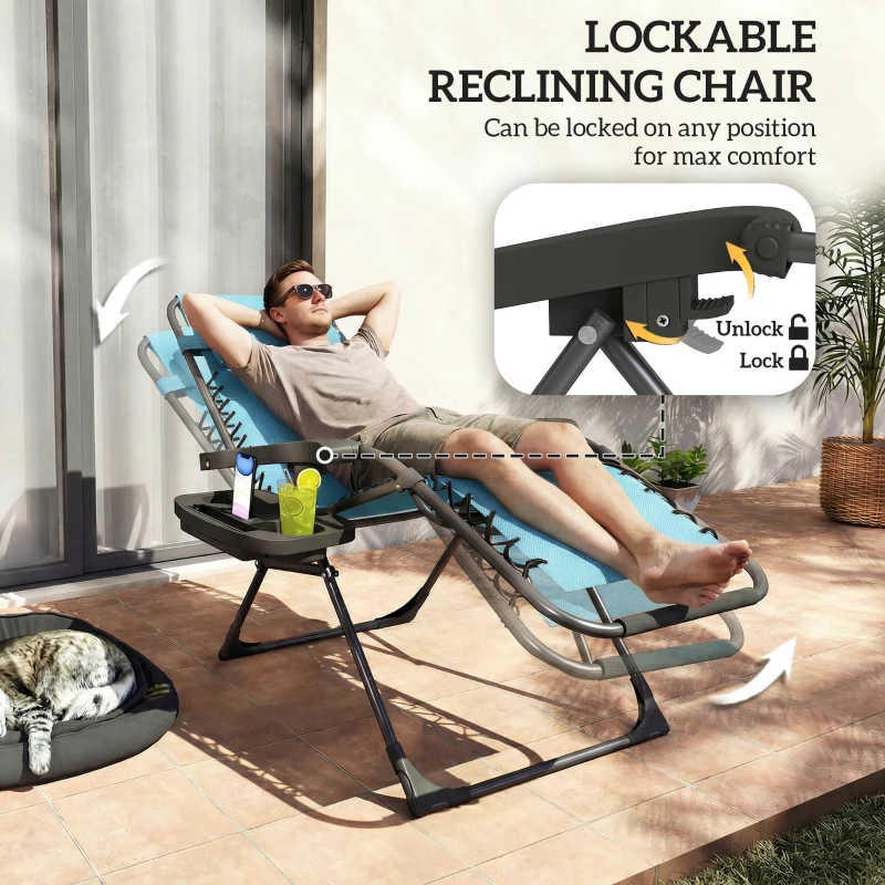 Outsunny Zero Gravity Chair Set of 2, Folding Reclining Outdoor Lounge Chair with Cup Holder, Headrest, Sky Blue