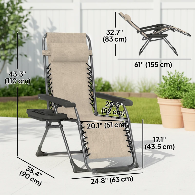 Outsunny Zero Gravity Chair Set of 2, Folding Reclining Outdoor Lounge Chair with Cup Holder, Headrest, Light Brown