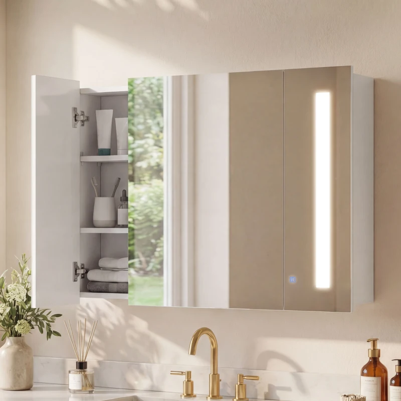 kleankin Medicine Cabinet with Mirror, Wall Mounted Bathroom Mirror Cabinet with Adjustable Shelf, USB Charge, High Gloss White