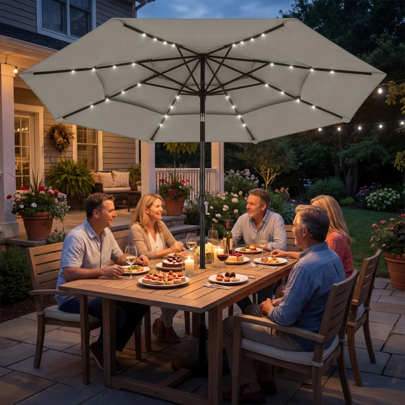 Outsunny 9.3 ft Patio Umbrella with Solar LED Lights, Cover, 3 Tier Outdoor Market Table Parasol with Tilt, Crank, Grey