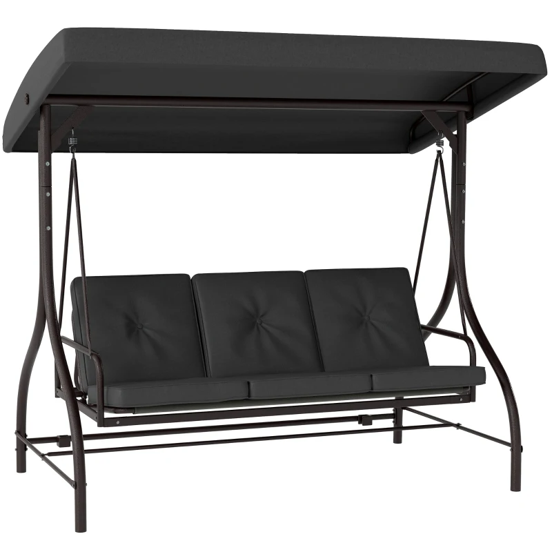 Outsunny Convertible Patio Swing Bed with Canopy and Cushions, 3 Seater Porch Swing for Outdoor, Backyard, Garden, Dark Grey