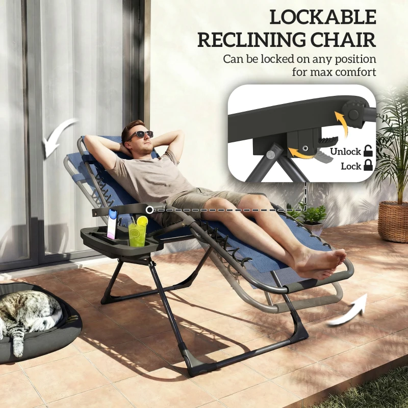 Outsunny Zero Gravity Chair Set of 2, Folding Reclining Outdoor Lounge Chair with Cup Holder, Headrest, Dark Blue