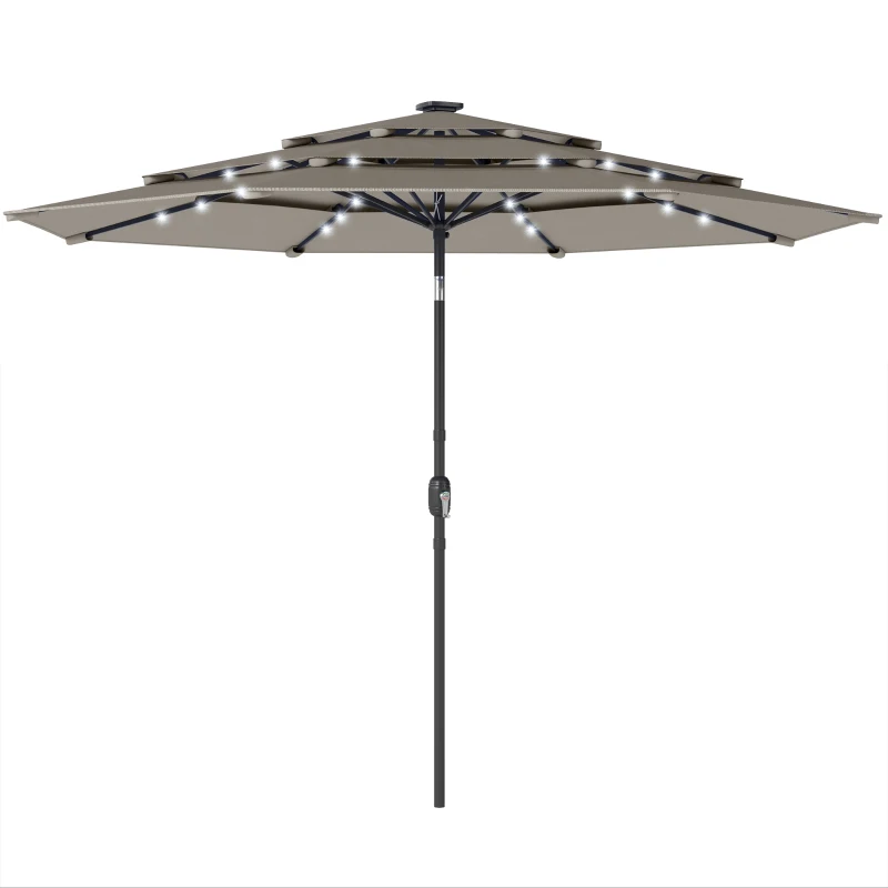 Outsunny 9.3 ft Patio Umbrella with Solar LED Lights, Cover, 3 Tier Outdoor Market Table Parasol with Tilt, Crank, Grey