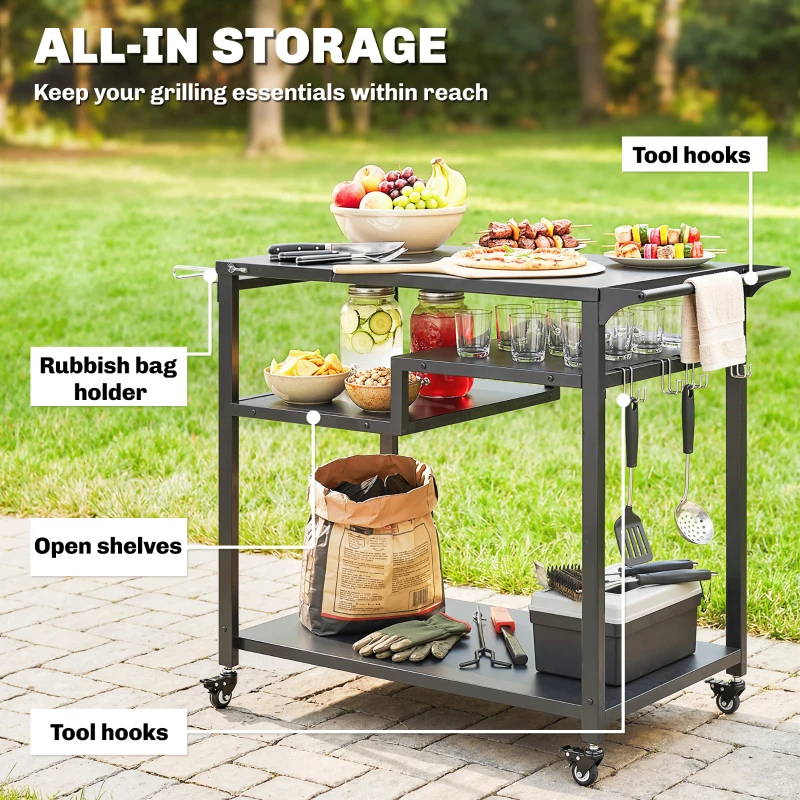 Outsunny Outdoor Grill Cart, BBQ Stand, Three-Shelf Pizza Oven Stand with Hooks, Garbage Bag Holder, Wheels, Black