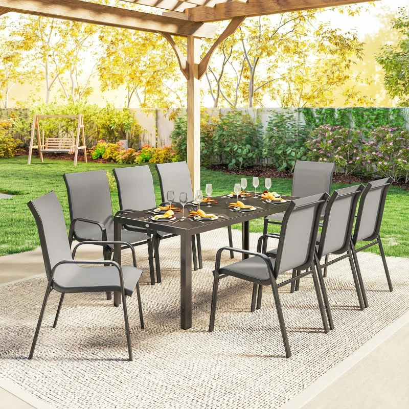 Outsunny 9 Pieces Patio Set with Stackable Chairs, Patio Dining Set with Glass Top for Garden, Patio, Backyard, Light Grey
