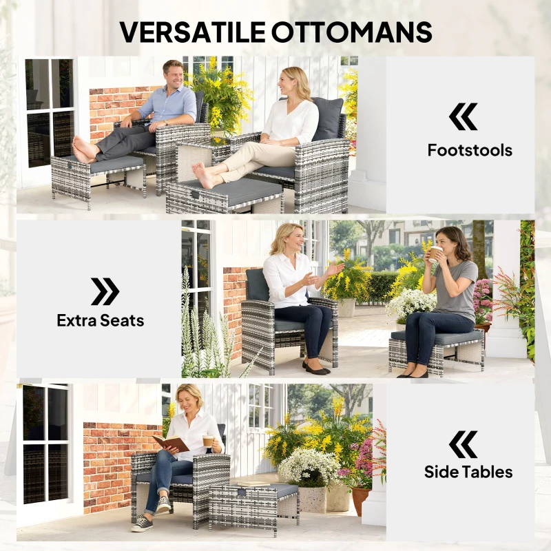 Outsunny 5 Piece Patio Furniture Set, Wicker Patio Chairs with Ottomans, 2-Tier Glass Coffee Table and Cushions, Grey/Dark Grey