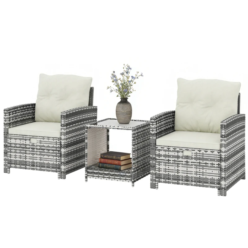 Outsunny 5 Piece Patio Furniture Set, Wicker Patio Chairs with Ottomans, 2-Tier Glass Coffee Table and Cushions, Grey/Cream White