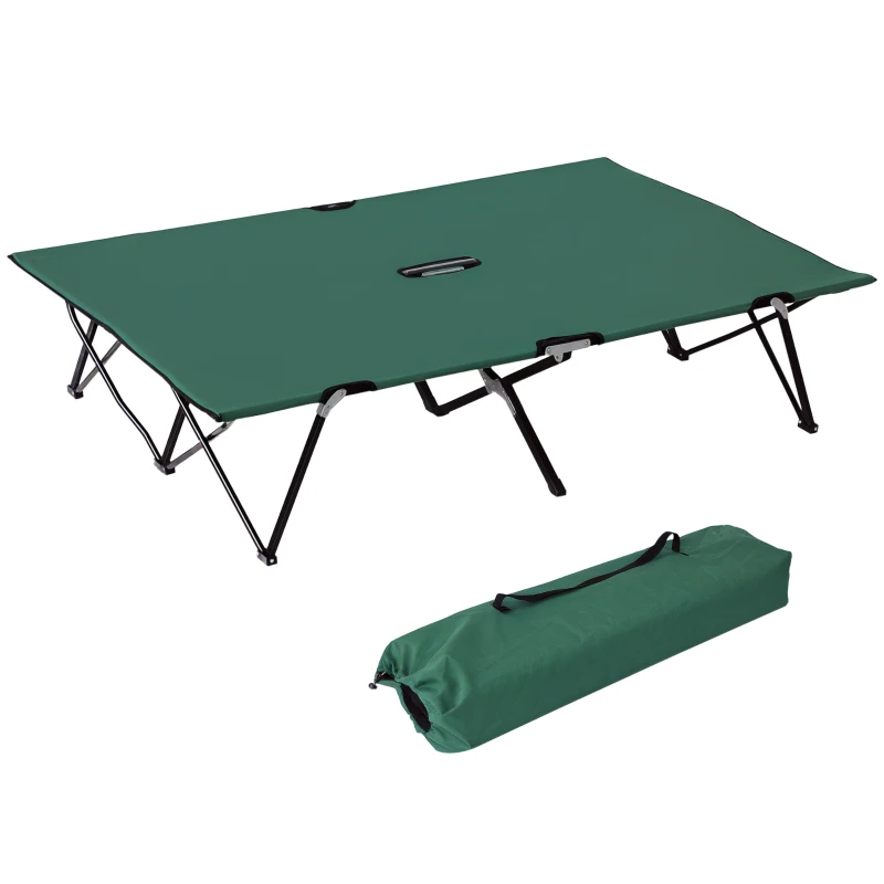 Outsunny 76" Two Person Folding Camping Cot Outdoor Portable Double Cot Wide Military Sleeping Bed w/ Carrying Bag Green