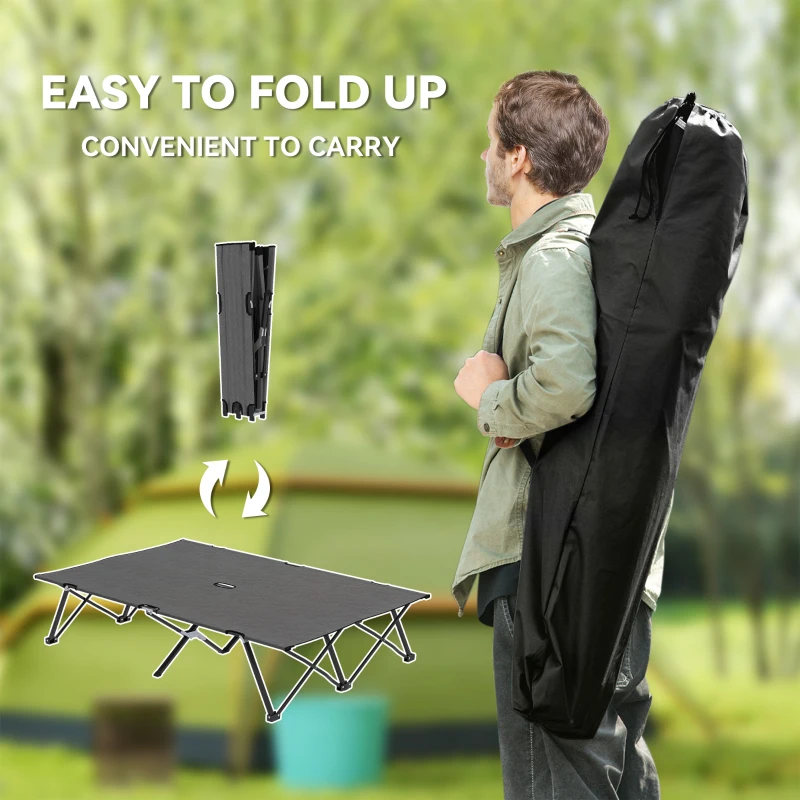 Outsunny Two Person Folding Camping Cot Outdoor Portable Double Cot with Carrying Bag 76" Dark Grey