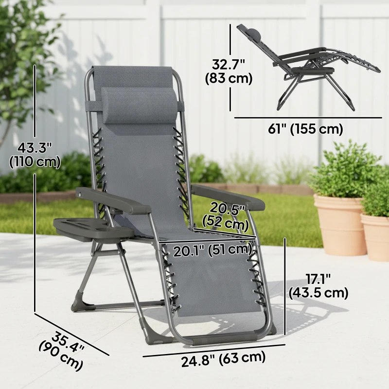 Outsunny Zero Gravity Chair Set of 2, Folding Reclining Outdoor Lounge Chair with Cup Holder, Headrest, Dark Grey