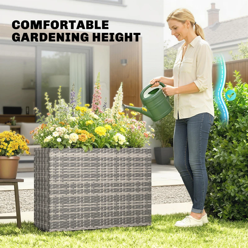 Outsunny Tall Rectangular Planter with Removable Liner, Holes, PE Wicker Large Planter Box for Indoor Outdoor Plants, Gray
