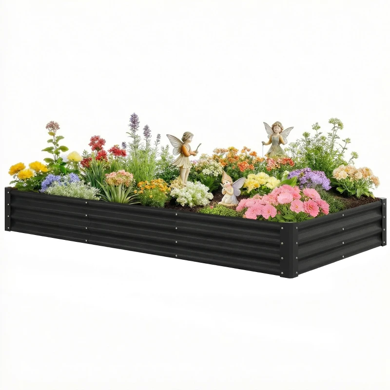 Outsunny 8 x 4 x 1ft Galvanized Raised Garden Bed, Reinforced Outdoor Planter Box with Open Bottom, Black