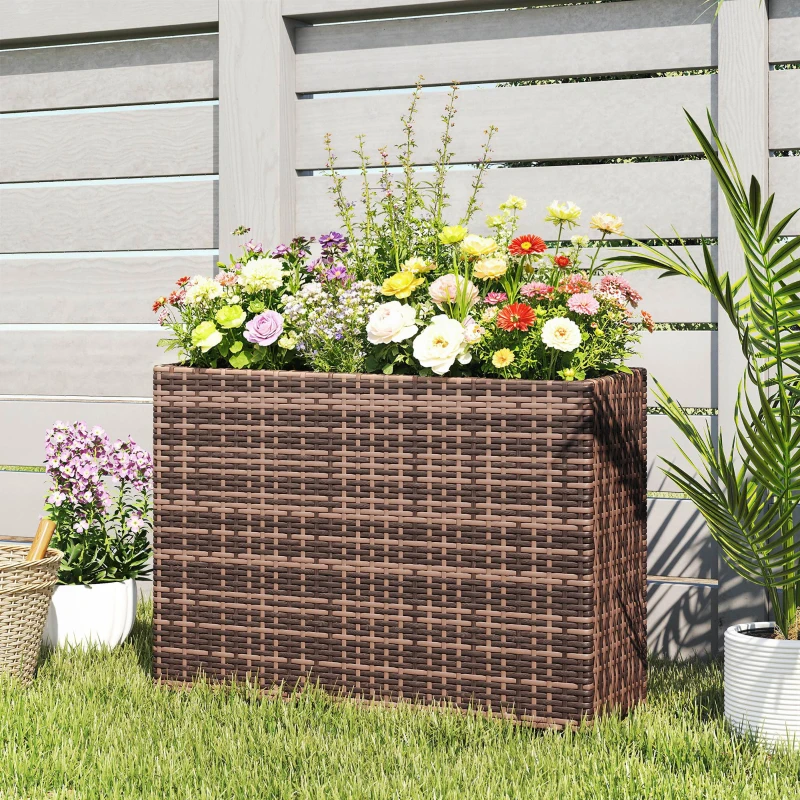 Outsunny Tall Rectangular Planter with Removable Liner, Holes, PE Wicker Large Planter Box for Indoor Outdoor Plants, Brown