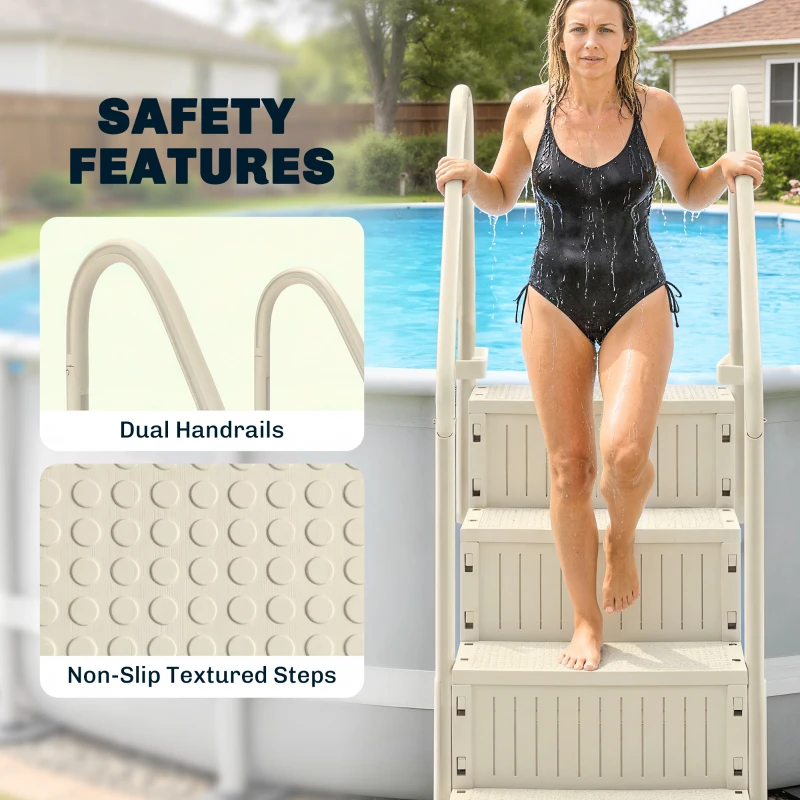Outsunny Swimming Pool Ladder Adjustable for Above Ground Pools w/ Non-Slip Steps & Dual Handrails 4-Step Cream White