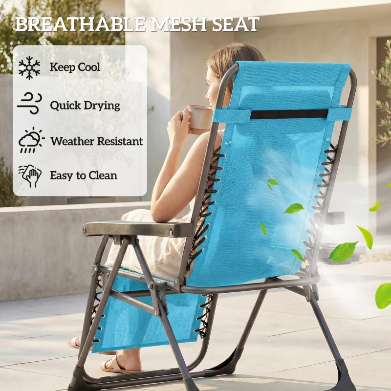 Outsunny Zero Gravity Chair Set of 2, Folding Reclining Outdoor Lounge Chair with Cup Holder, Headrest, Sky Blue