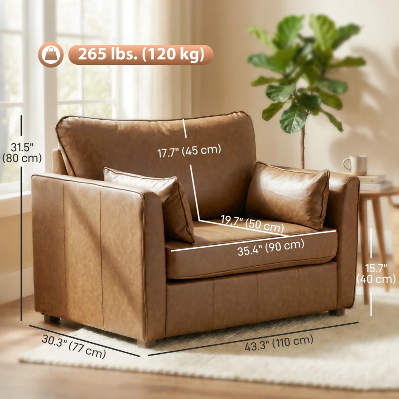 HOMCOM Accent Chair, PU Leather Armchair with Wide Seat, Spring Cushion, Rubberwood legs, 2 Pillows, Brown